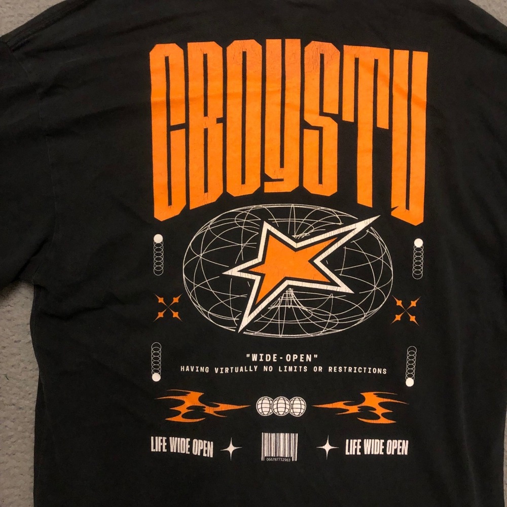 C-BOYS TV Life Wide Open Graphic T-Shirt Black Orange Star Vtg Style Streetwear